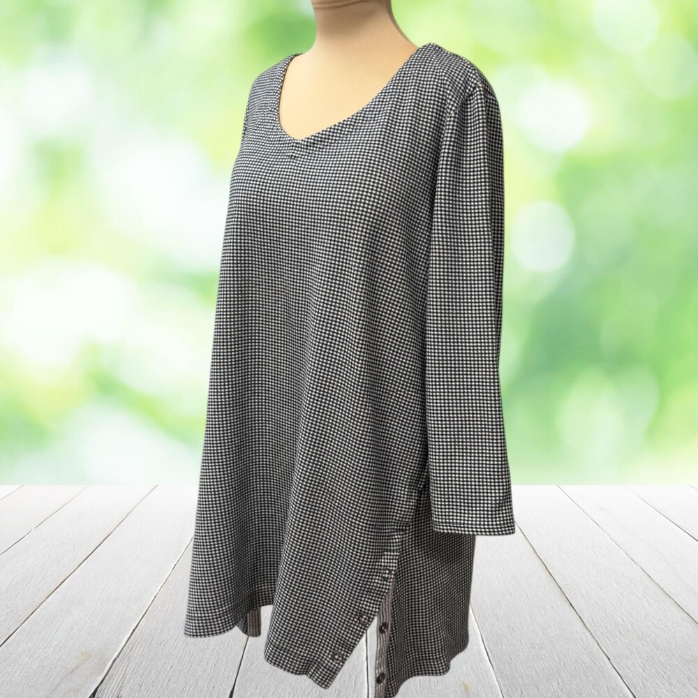 J JILL Lagenlook Tunic Top Black White Gingham Cotton Modal Side Snap Petite XL - Picture 1 of 12